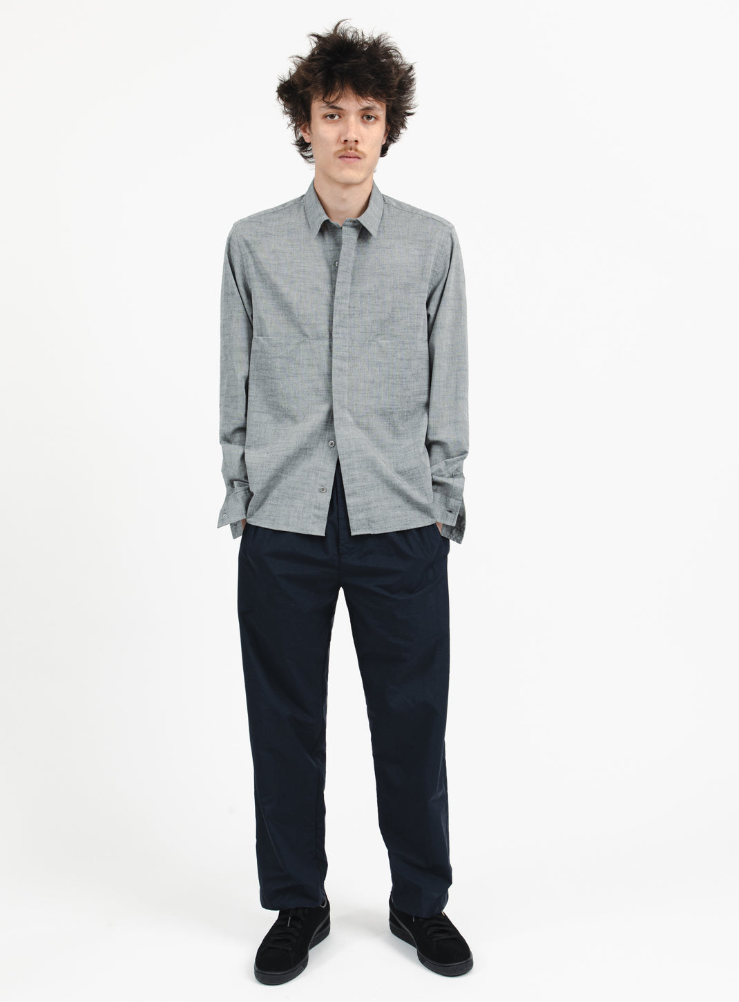 Shirt with Front Cuts in Heather Grey Cotton Veil