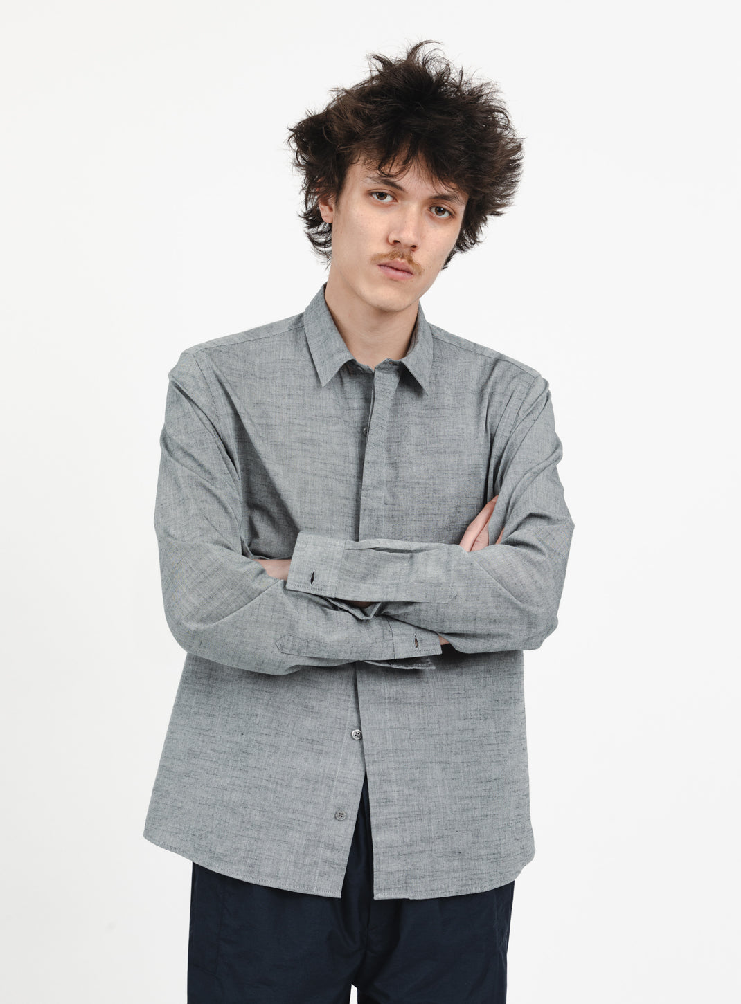 Shirt with Front Cuts in Heather Grey Cotton Veil