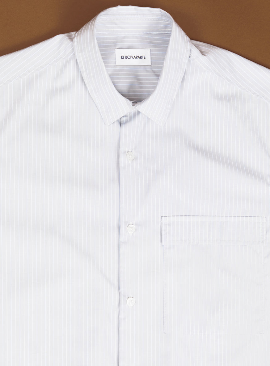 Shirt with Chest Pocket in Light Grey Poplin with Blue Fine Stripes