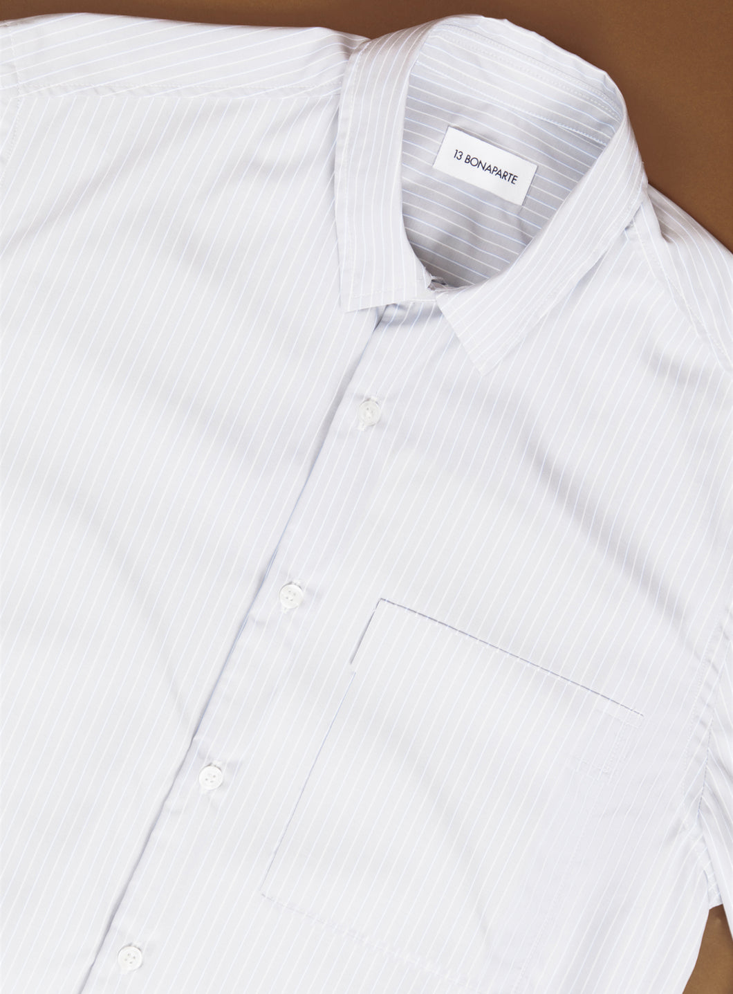 Shirt with Chest Pocket in Light Grey Poplin with Blue Fine Stripes