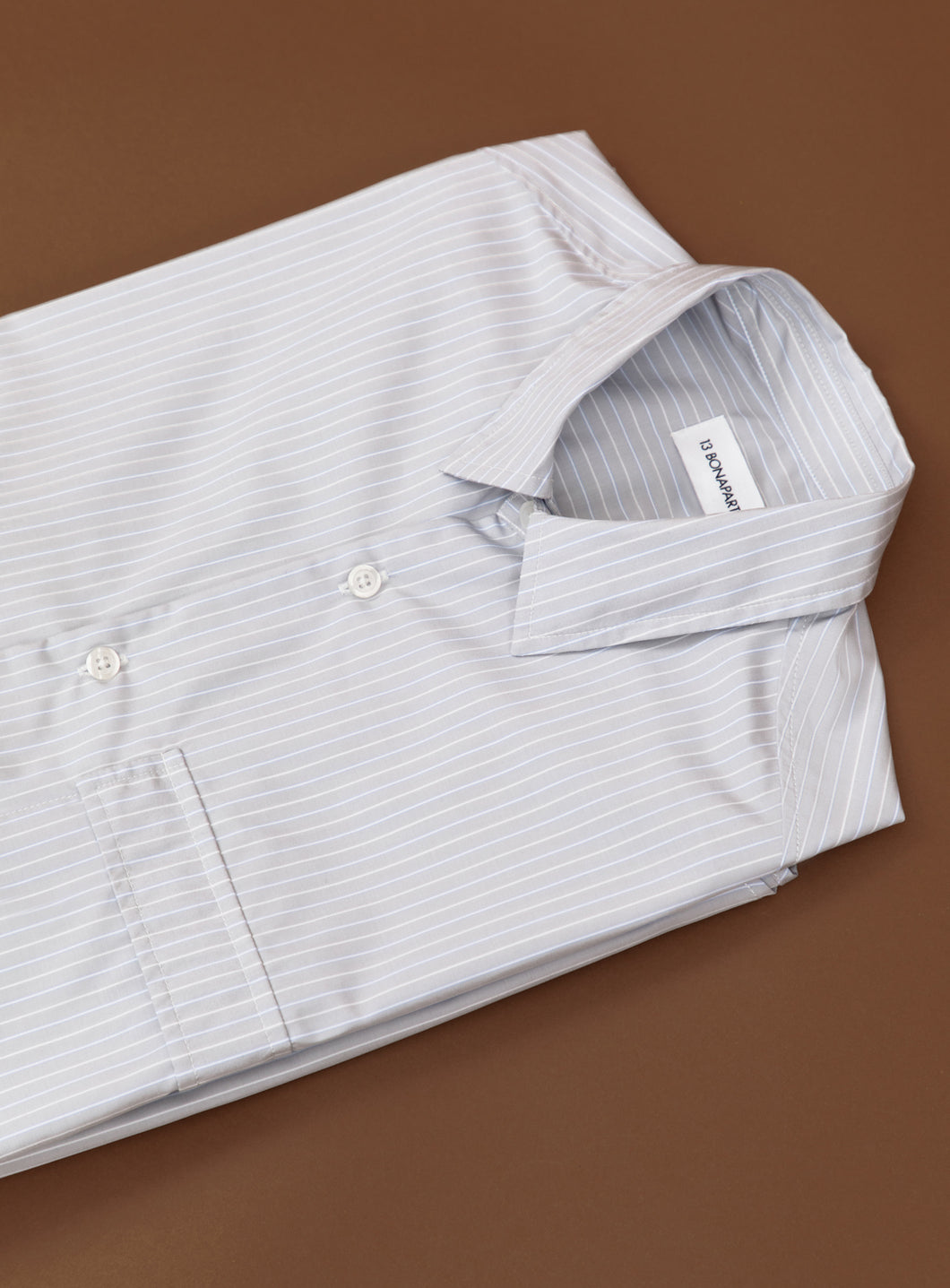 Shirt with Chest Pocket in Light Grey Poplin with Blue Fine Stripes