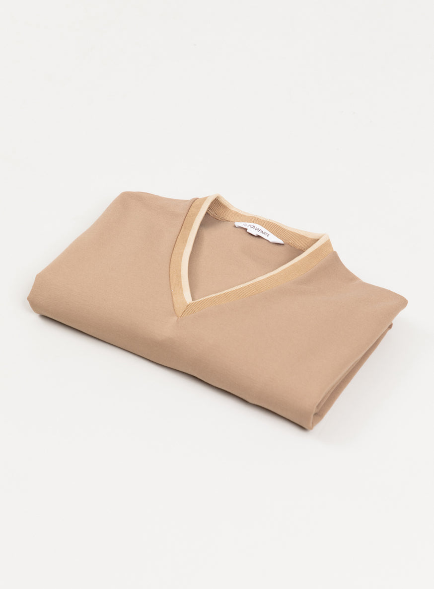 Two-Tone V Neck Sweatshirt in Beige Technical Knit