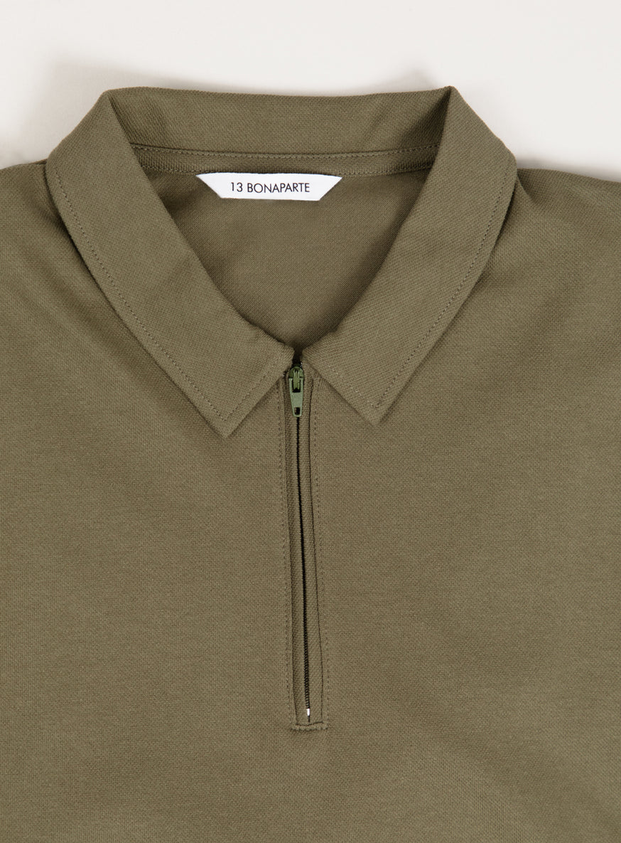 Zipped Poloshirt in Olive Cotton Piqué