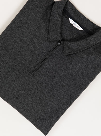Long Sleeve Zipped Poloshirt in Heather Dark Gray Technical Knit