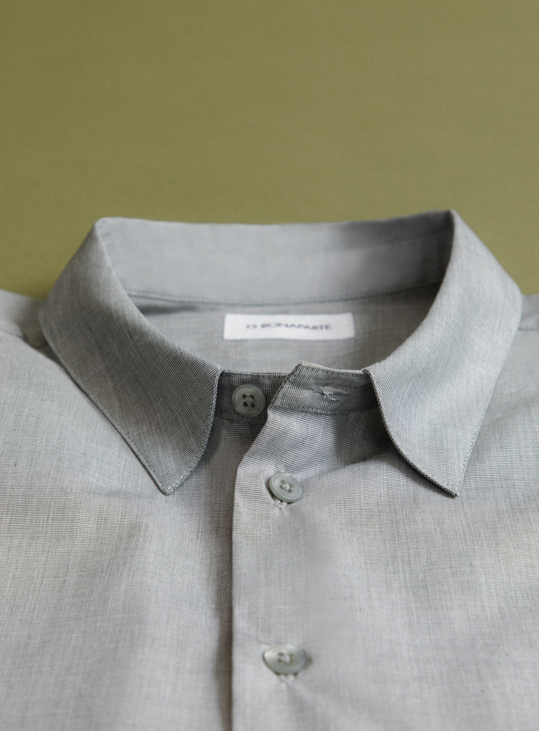 Shirt with Small Collar Stand in Gray-Green End-on-End
