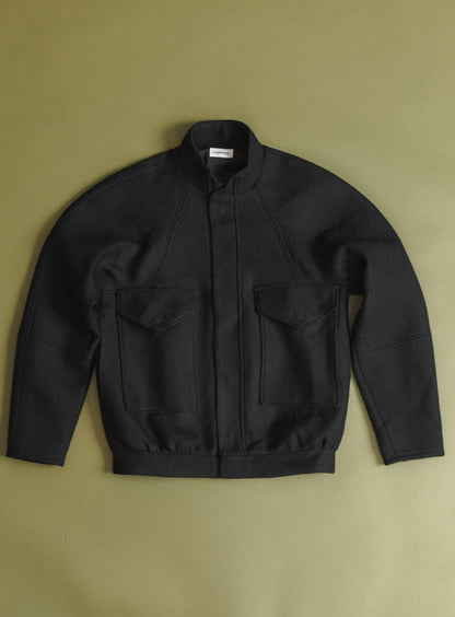 Bomber Jacket with Origami Collar in Black 100% Italian Wool