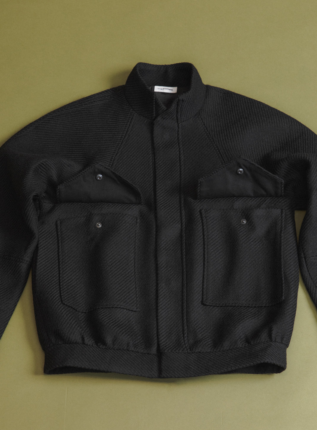 Bomber Jacket with Origami Collar in Black 100% Italian Wool