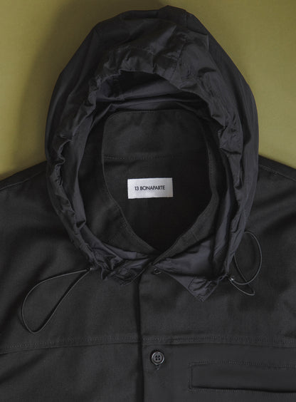 Hooded Murano Collar Overshirt in Black Cotton Gabardine