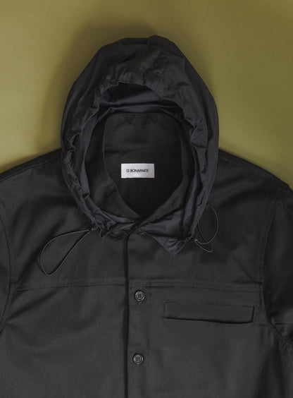 Hooded Murano Collar Overshirt in Black Cotton Gabardine