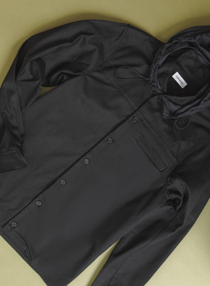 Hooded Murano Collar Overshirt in Black Cotton Gabardine