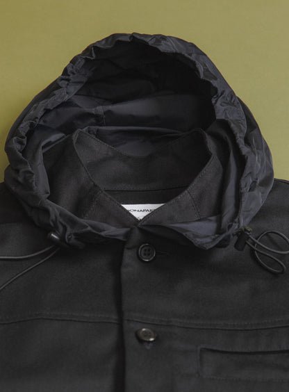 Hooded Murano Collar Overshirt in Black Cotton Gabardine