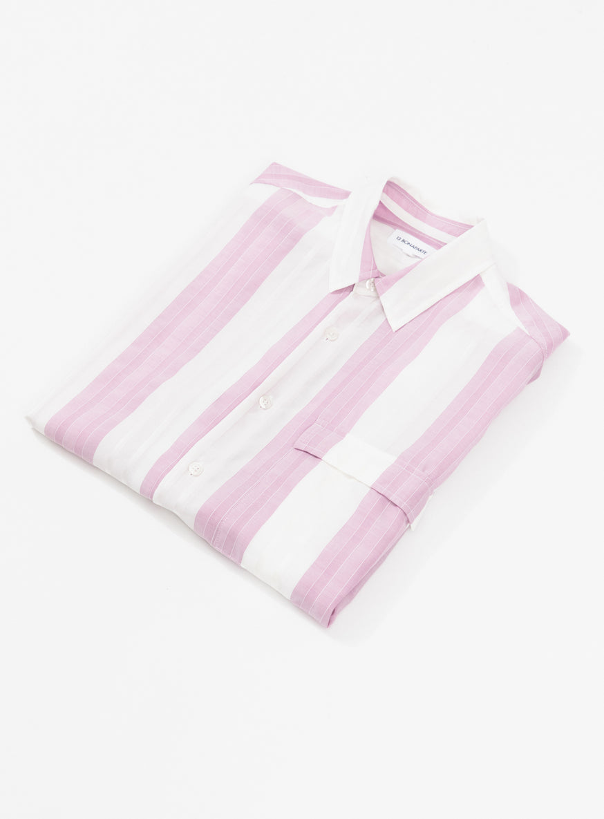 Shirt with Chest Pocket in White Cotton Veil with Pink Large Stripes