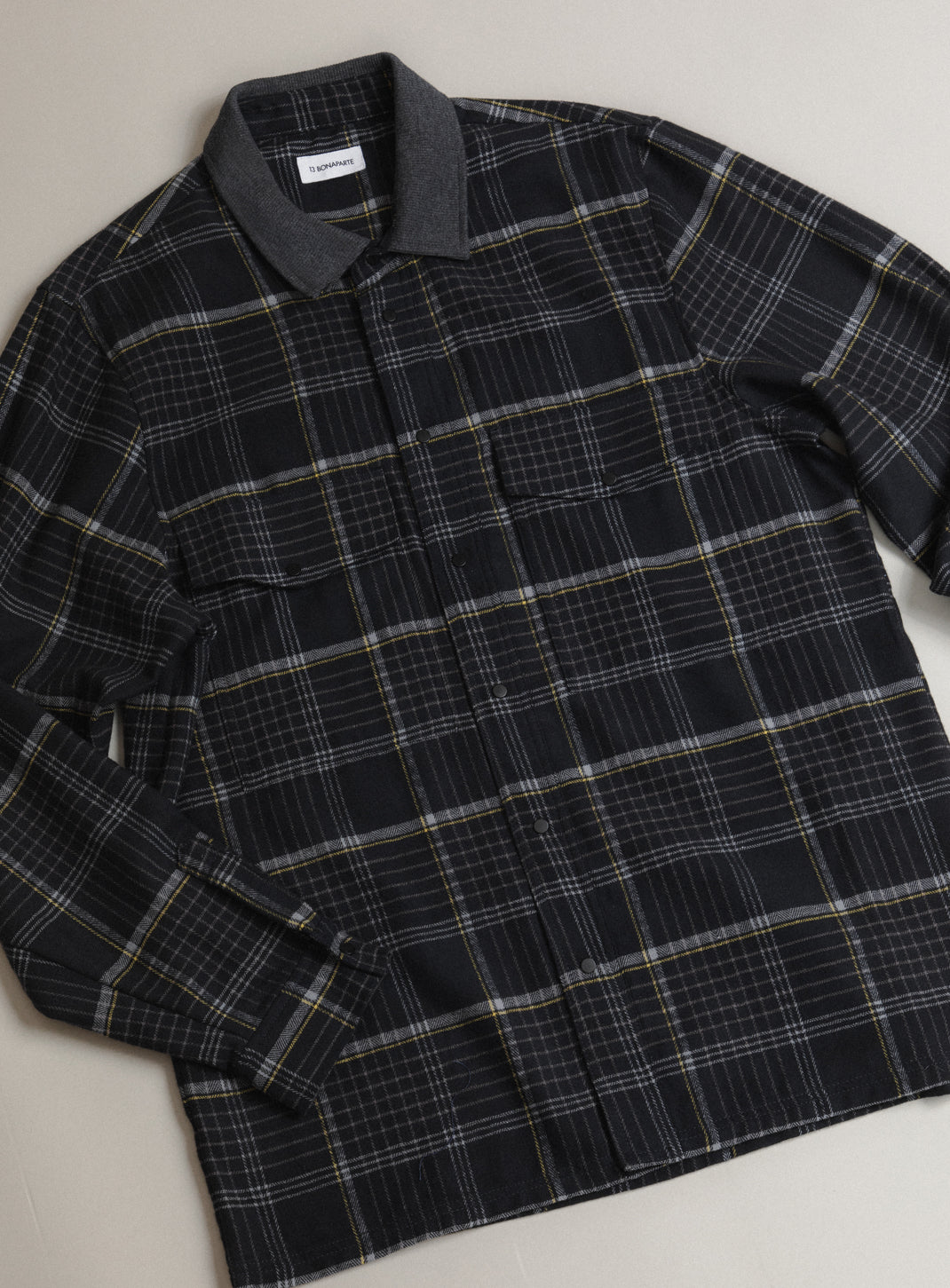 Overshirt with Ribbed Collar in Dark Gray Cotton Flannel with Dark Gray Checks