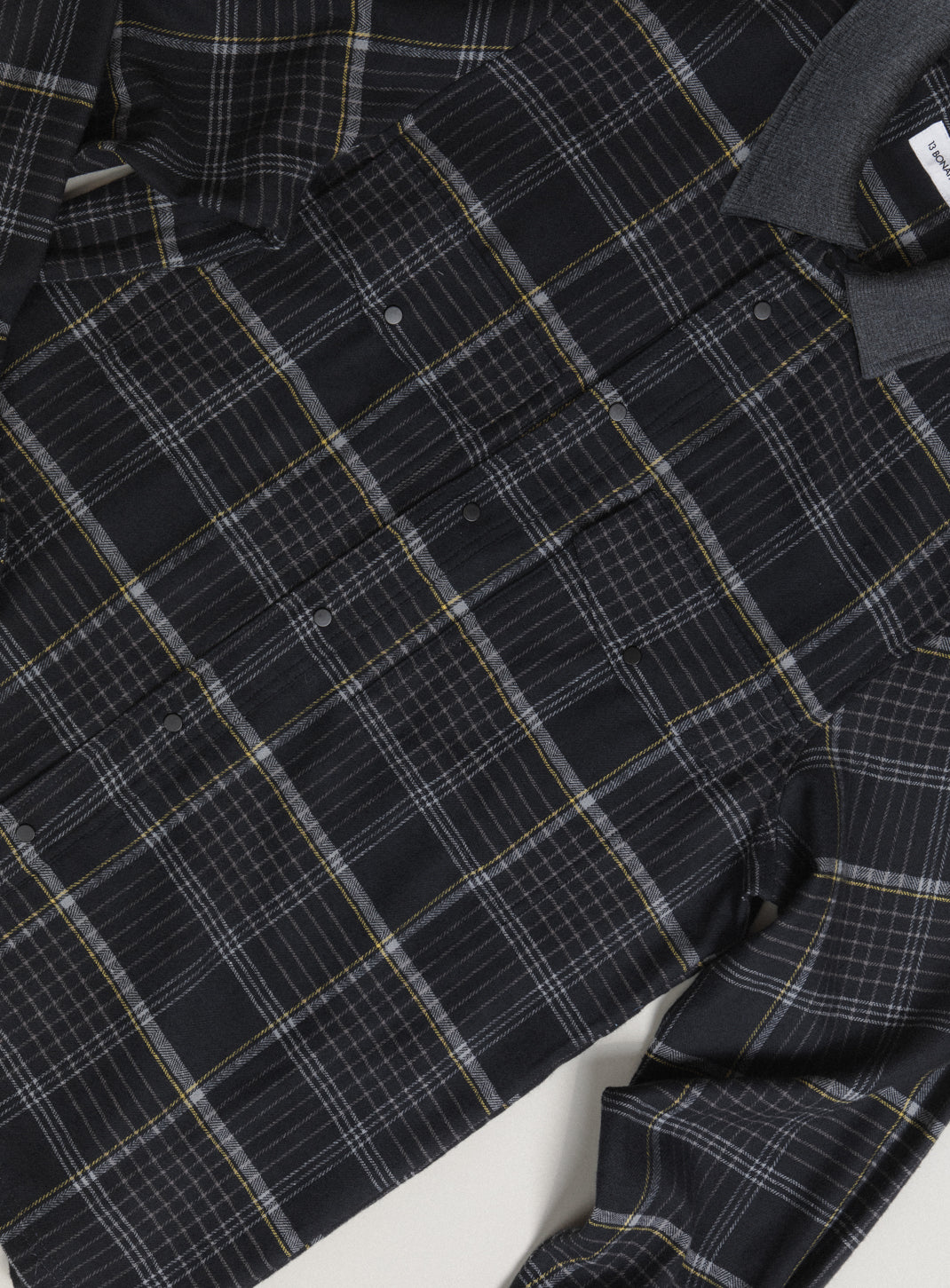 Overshirt with Ribbed Collar in Dark Gray Cotton Flannel with Dark Gray Checks