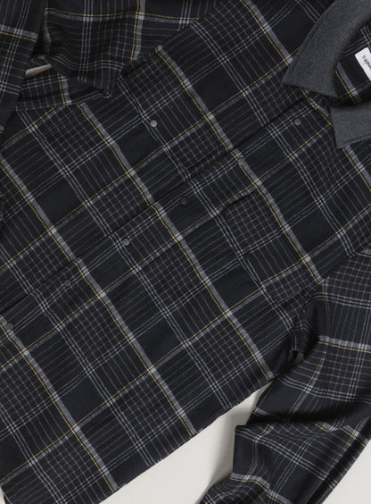 Overshirt with Ribbed Collar in Dark Gray Cotton Flannel with Dark Gray Checks