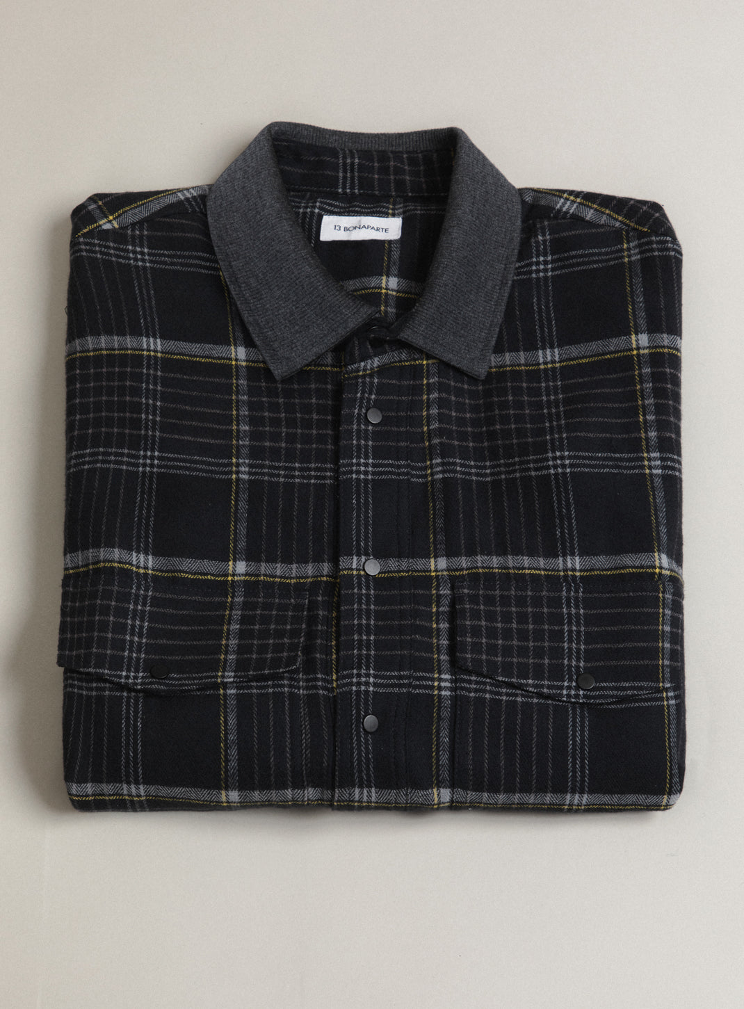 Overshirt with Ribbed Collar in Dark Gray Cotton Flannel with Dark Gray Checks