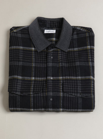 Overshirt with Ribbed Collar in Dark Gray Cotton Flannel with Dark Gray Checks