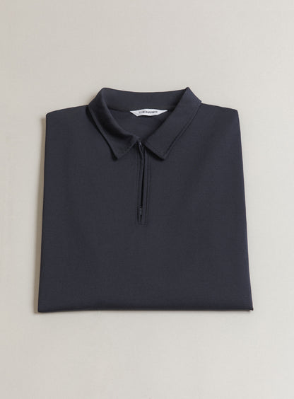 Long Sleeve Zipped Poloshirt in Navy Blue Technical Knit