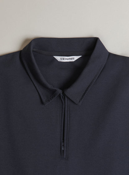 Long Sleeve Zipped Poloshirt in Navy Blue Technical Knit