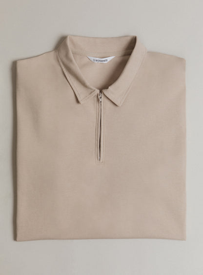 Long Sleeve Zipped Poloshirt in Beige Technical Knit