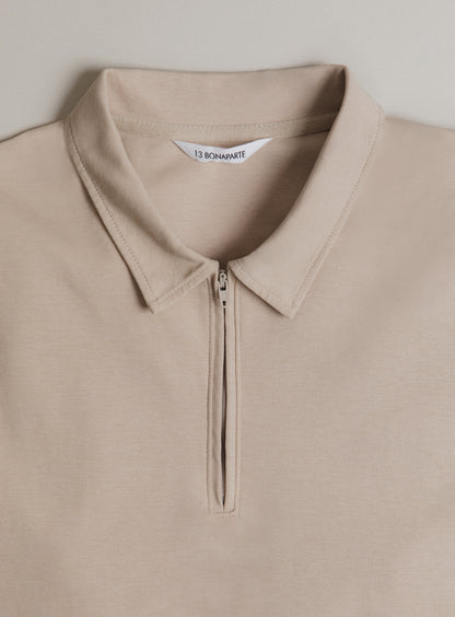 Long Sleeve Zipped Poloshirt in Beige Technical Knit