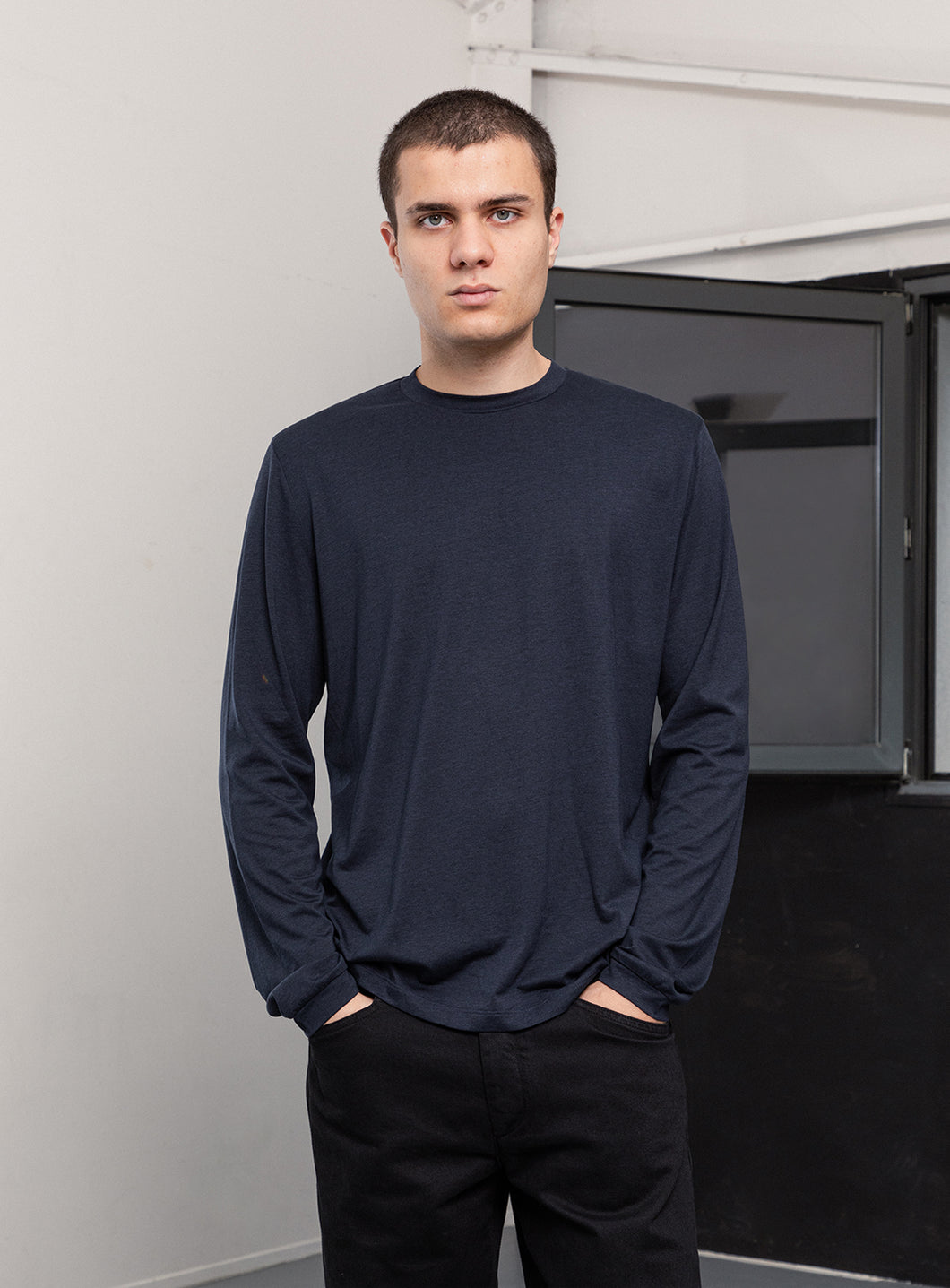 Long Sleeve T-Shirt in Navy Blue Eucalyptus & Cotton