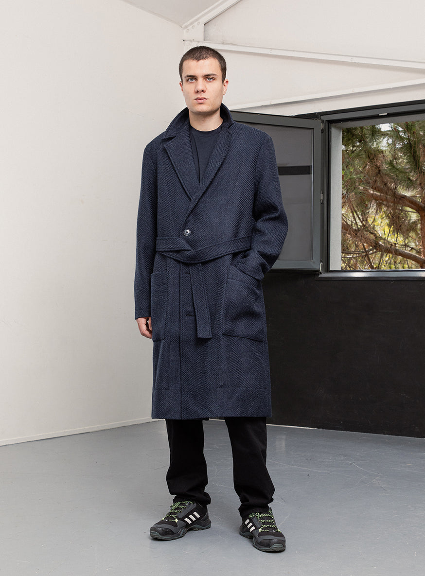 Bathrobe Coat in Navy Blue Italian Wool