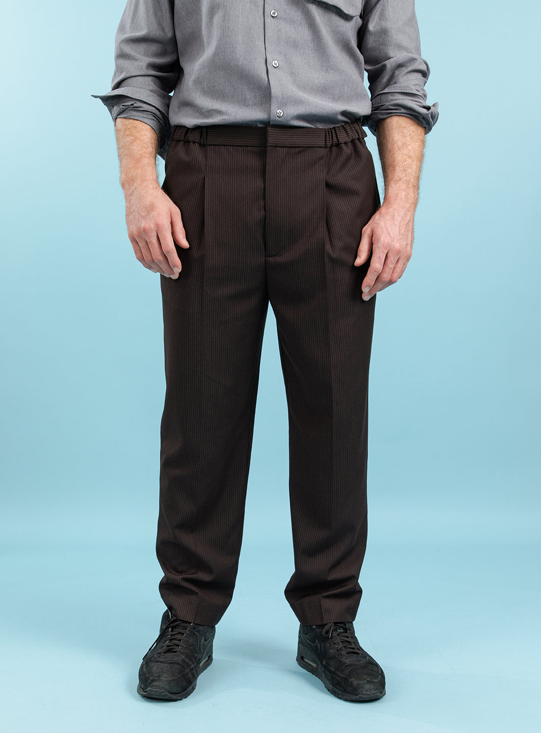 Pleated Pants in Chocolate Fine Stripe Serge Fabric