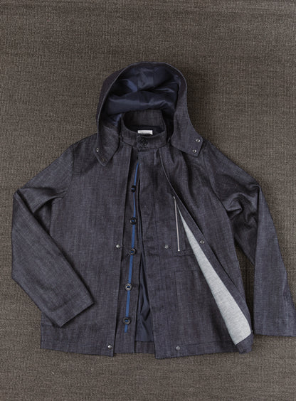 Multi Pockets Flapped Parka in Raw Blue Denim