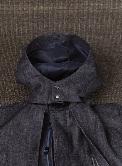 Multi Pockets Flapped Parka in Raw Blue Denim