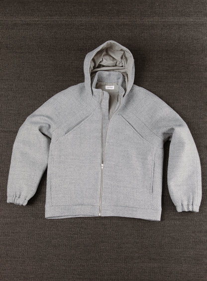X Collar Puffer Jacket in Light Grey Herringbone Wool