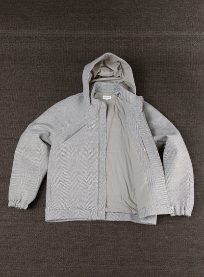 X Collar Puffer Jacket in Light Grey Herringbone Wool
