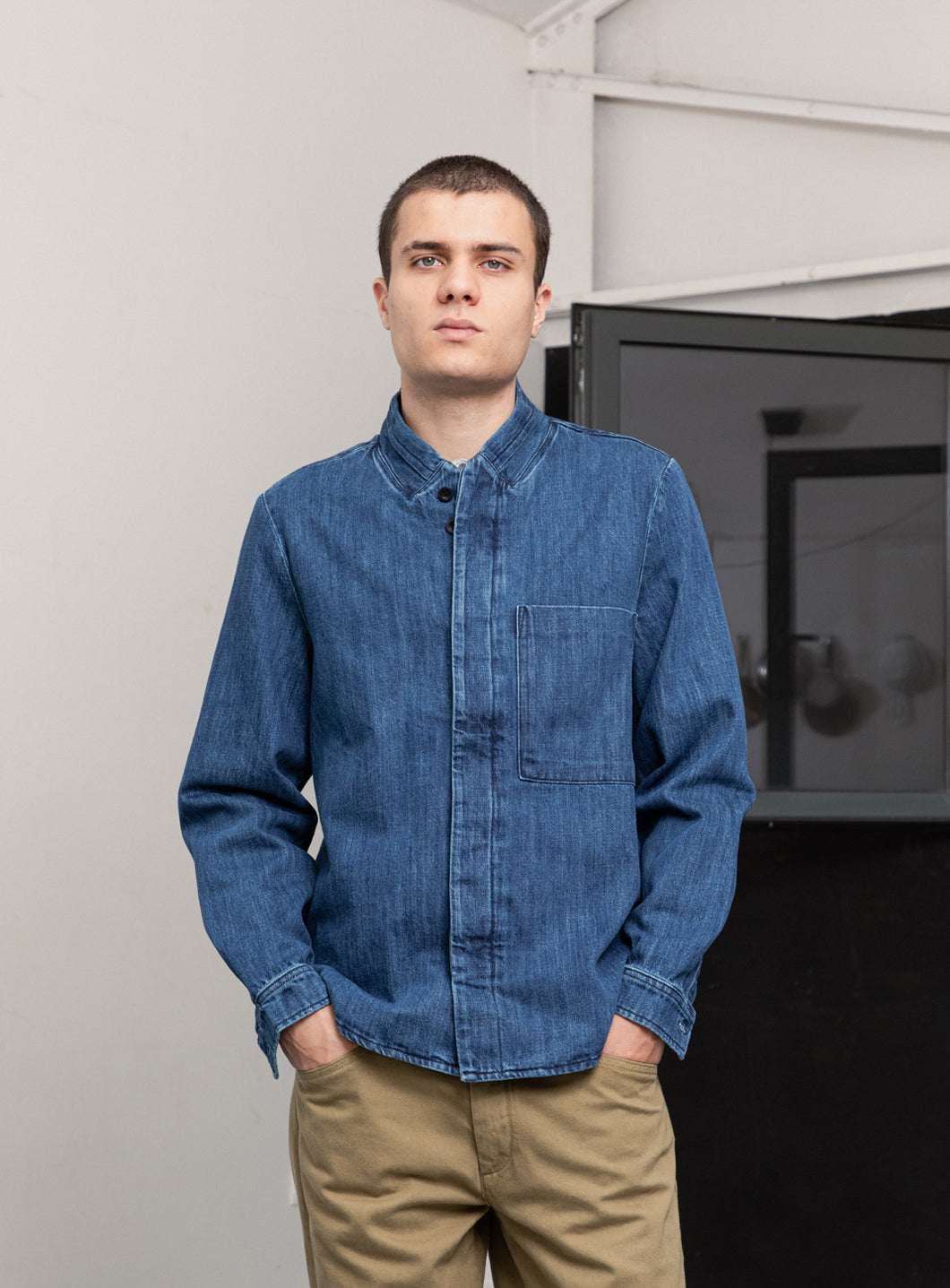 Double Collar Overshirt in Stone Denim