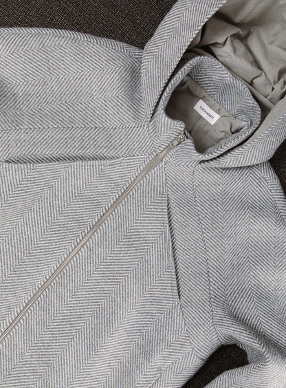 X Collar Puffer Jacket in Light Grey Herringbone Wool