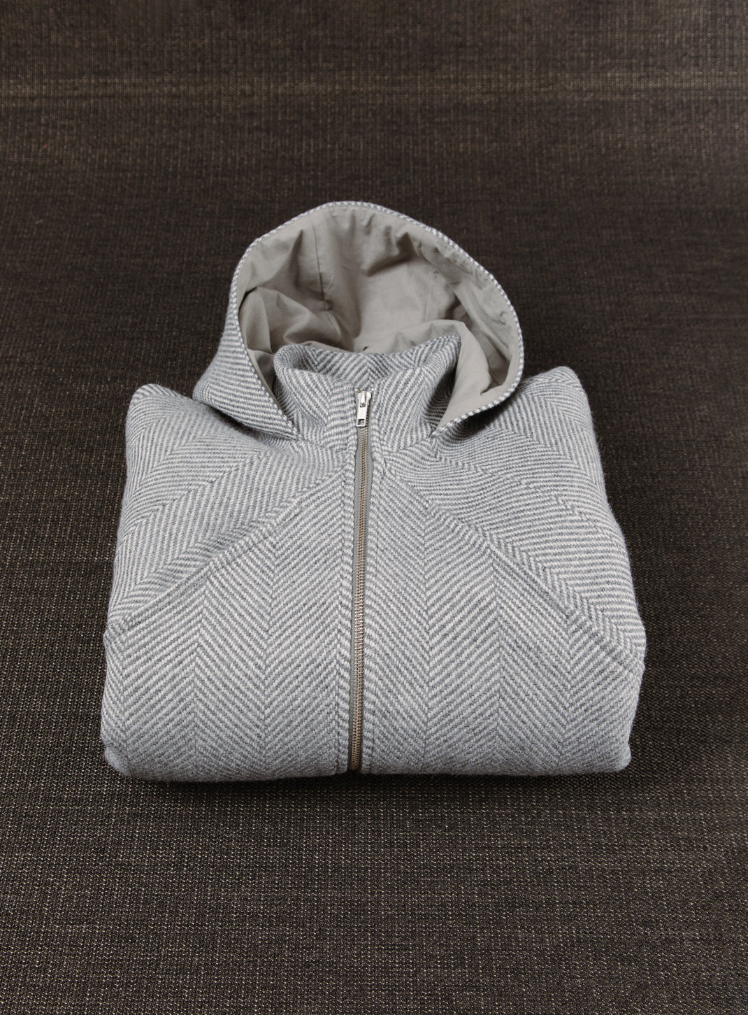X Collar Puffer Jacket in Light Grey Herringbone Wool