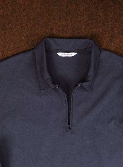 Long Sleeve Zipped Poloshirt in Navy Blue Technical Knit