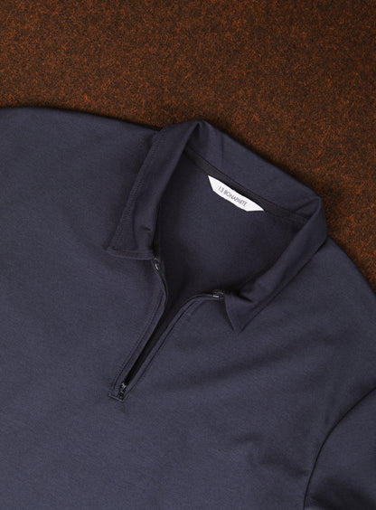 Long Sleeve Zipped Poloshirt in Navy Blue Technical Knit