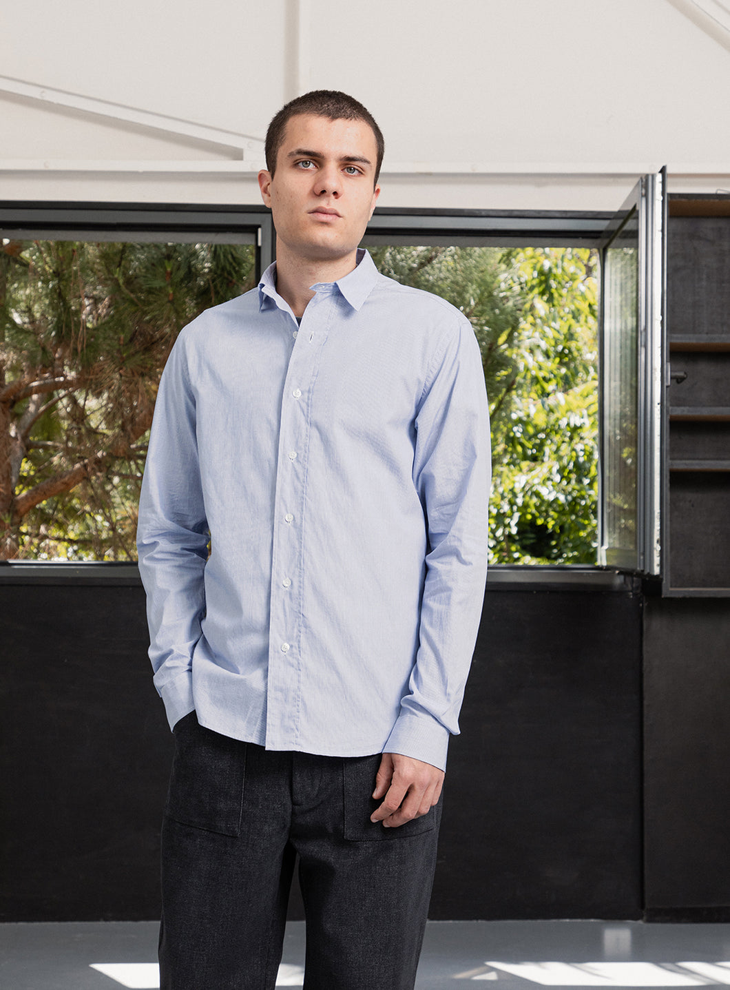 Shirt with Collar Tab in Poplin with Blue Fine Stripes