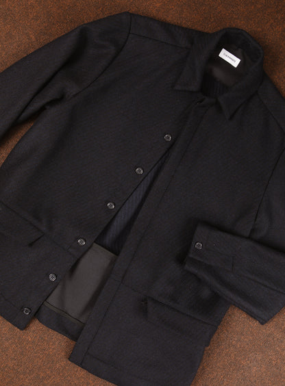 Jacket with Zipped Flap Pockets in Navy Blue Wool & Cashmere