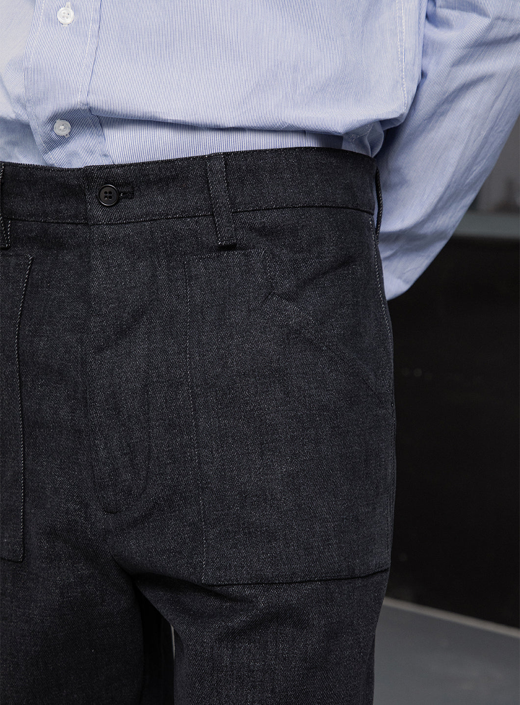 Pants with Rectangle Pockets in Grey Denim