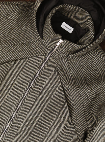 X Collar Puffer Jacket in Khaki Herringbone Wool