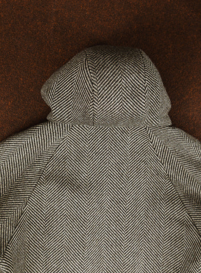 X Collar Puffer Jacket in Khaki Herringbone Wool