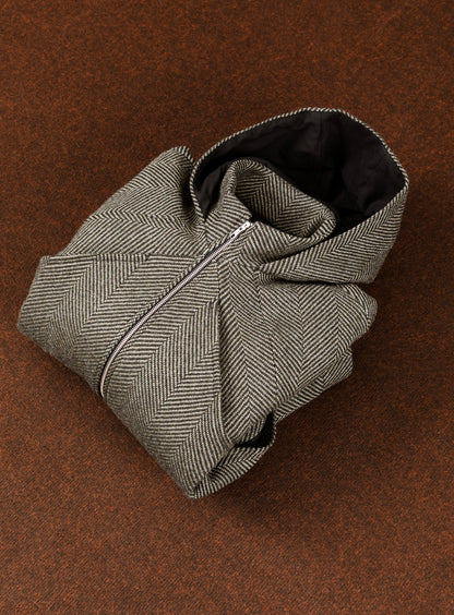 X Collar Puffer Jacket in Khaki Herringbone Wool