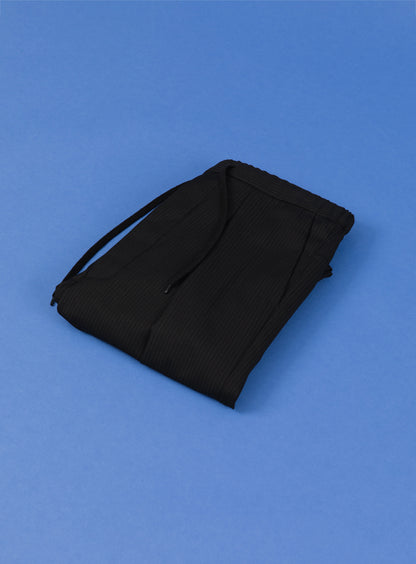 Lace Waist Pants with Deep Pleats in Black Fine Stripe Serge