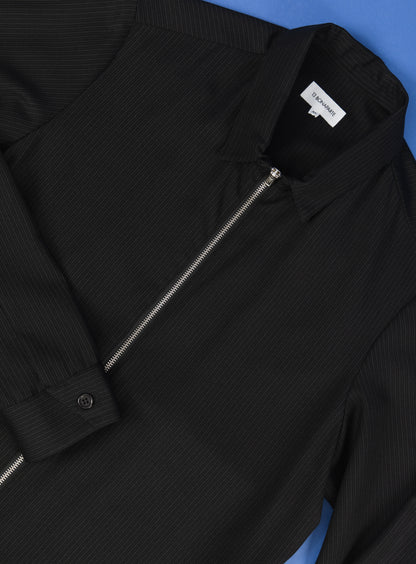Zipped Overshirt with Notched Pockets in Black Fine Stripe Serge
