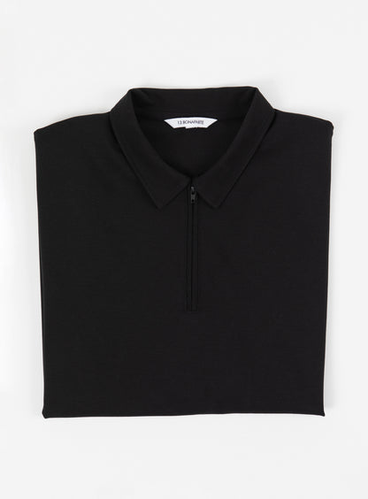 Long Sleeve Zipped Poloshirt in Black Technical Knit