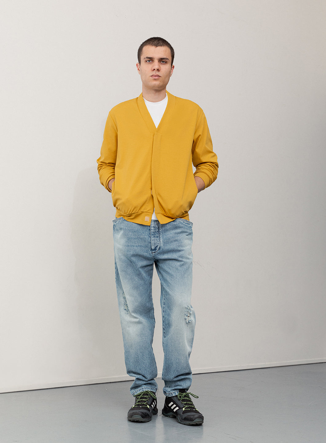 False Collar Cardigan in Mustard Yellow Technical Knit