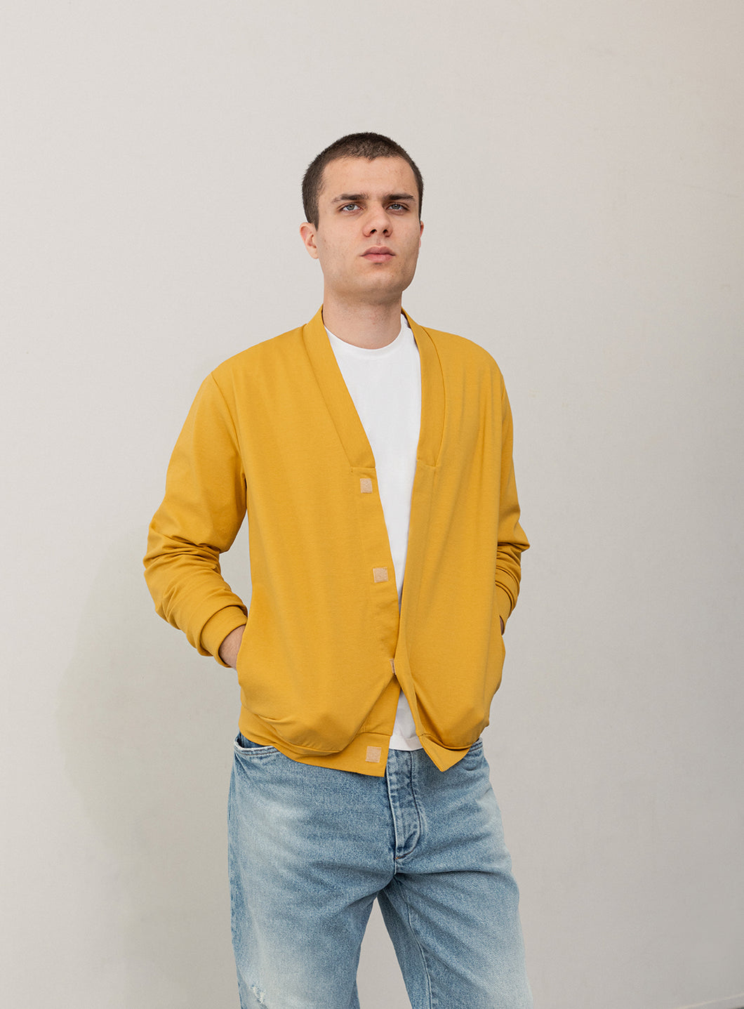 False Collar Cardigan in Mustard Yellow Technical Knit