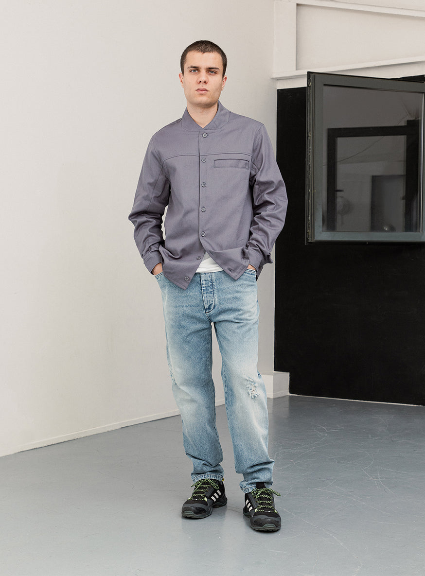 Murano Collar Overshirt in Grey Cotton Gabardine