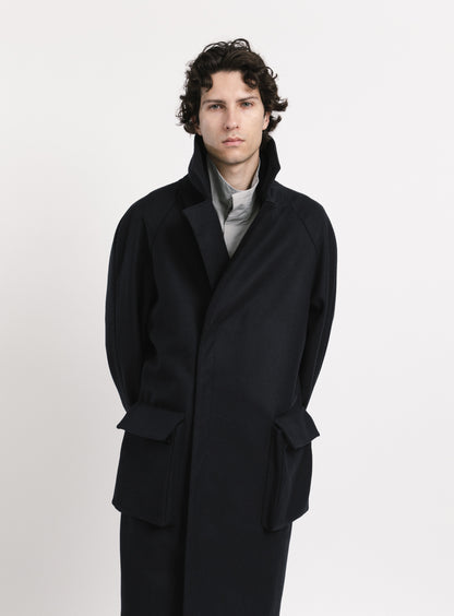Coat with Puffed Pockets in Navy Blue Italian Wool
